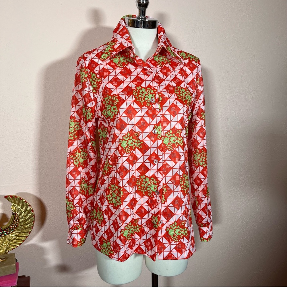 Vintage 1960 70 Western Red Green Gingham wild Print floral Dagger Collar Shirt - Picture 12 of 17